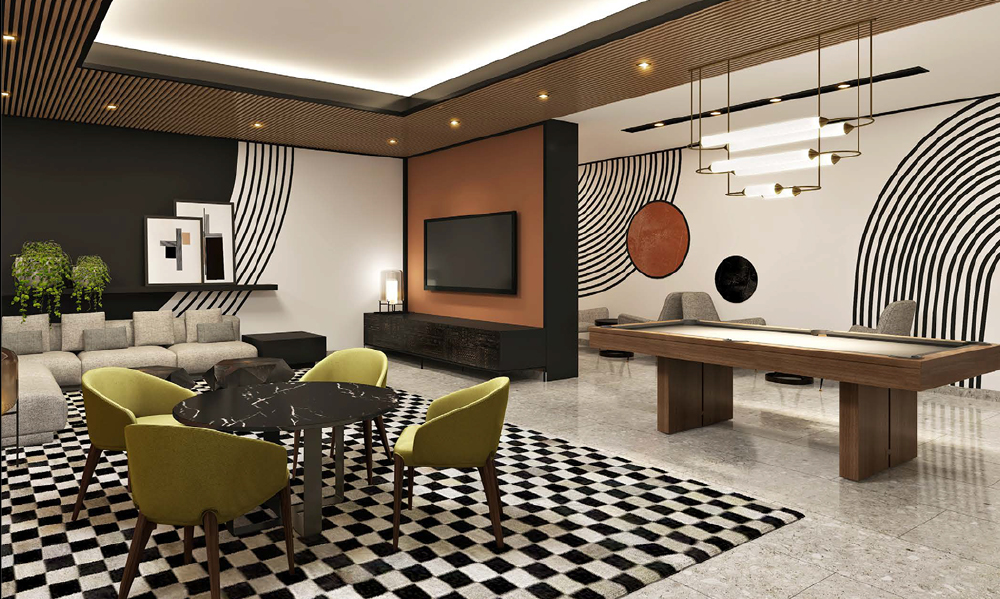 Clubroom with lounge seating, pool table, and gaming