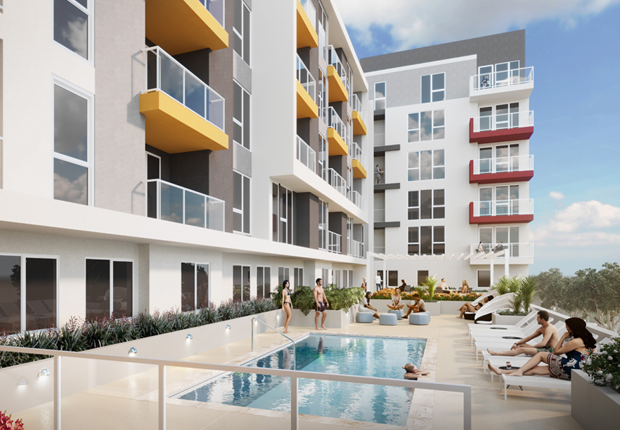 Somi apartments exterior rendering with pool amenity area.